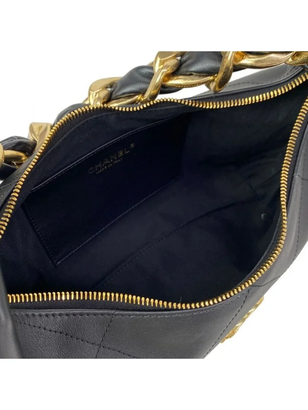 Chanel Handbag Quilted Hobo Black Gold Metal Leather
